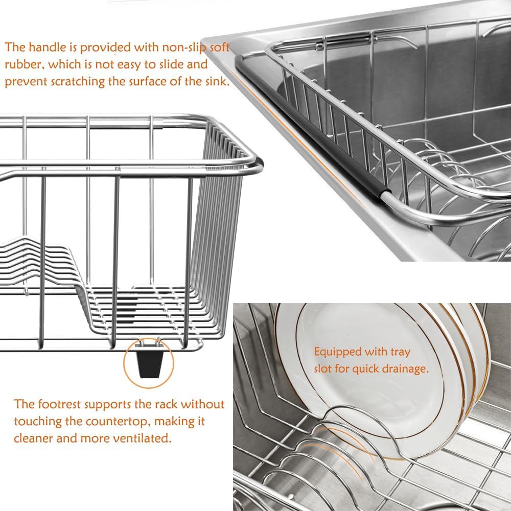 Stainless Steel Dish Drying Rack(15" L X 12.6" W X 4.7" H), Expandable Fruit & Vegetable Drain Rack Over Sink, Dish Drainer Rack in Sink, with Utensil Holder & Silicone Mat(16")