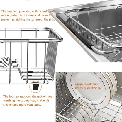 Stainless Steel Dish Drying Rack(15" L X 12.6" W X 4.7" H), Expandable Fruit & Vegetable Drain Rack Over Sink, Dish Drainer Rack in Sink, with Utensil Holder & Silicone Mat(16")
