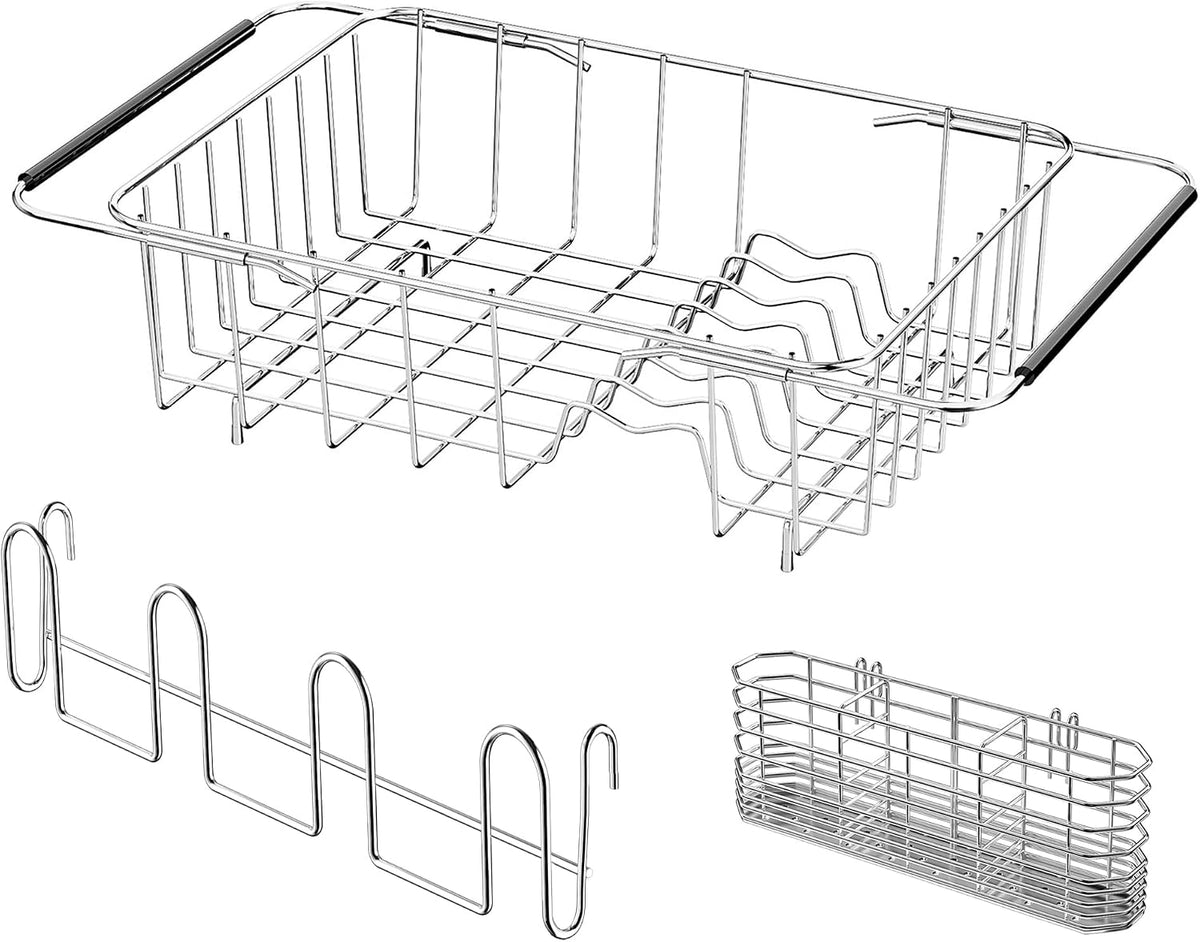 Stainless Steel Dish Drying Rack(15" L X 12.6" W X 4.7" H), Expandable Fruit & Vegetable Drain Rack Over Sink, Dish Drainer Rack in Sink, with Utensil Holder & Silicone Mat(16")