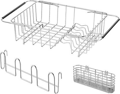 Stainless Steel Dish Drying Rack(15" L X 12.6" W X 4.7" H), Expandable Fruit & Vegetable Drain Rack Over Sink, Dish Drainer Rack in Sink, with Utensil Holder & Silicone Mat(16")