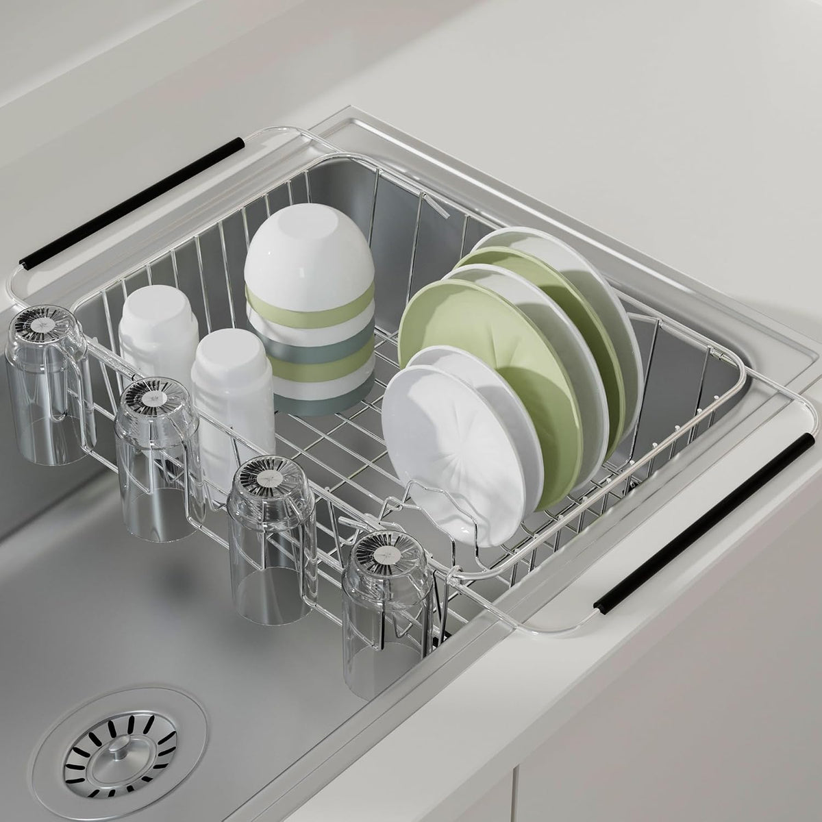Stainless Steel Dish Drying Rack(15" L X 12.6" W X 4.7" H), Expandable Fruit & Vegetable Drain Rack Over Sink, Dish Drainer Rack in Sink, with Utensil Holder & Silicone Mat(16")