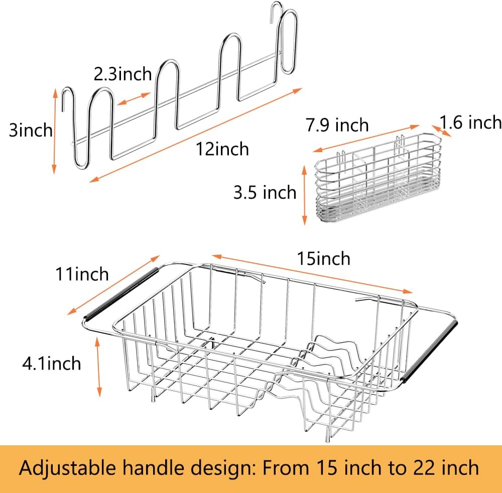 Stainless Steel Dish Drying Rack(15" L X 12.6" W X 4.7" H), Expandable Fruit & Vegetable Drain Rack Over Sink, Dish Drainer Rack in Sink, with Utensil Holder & Silicone Mat(16")