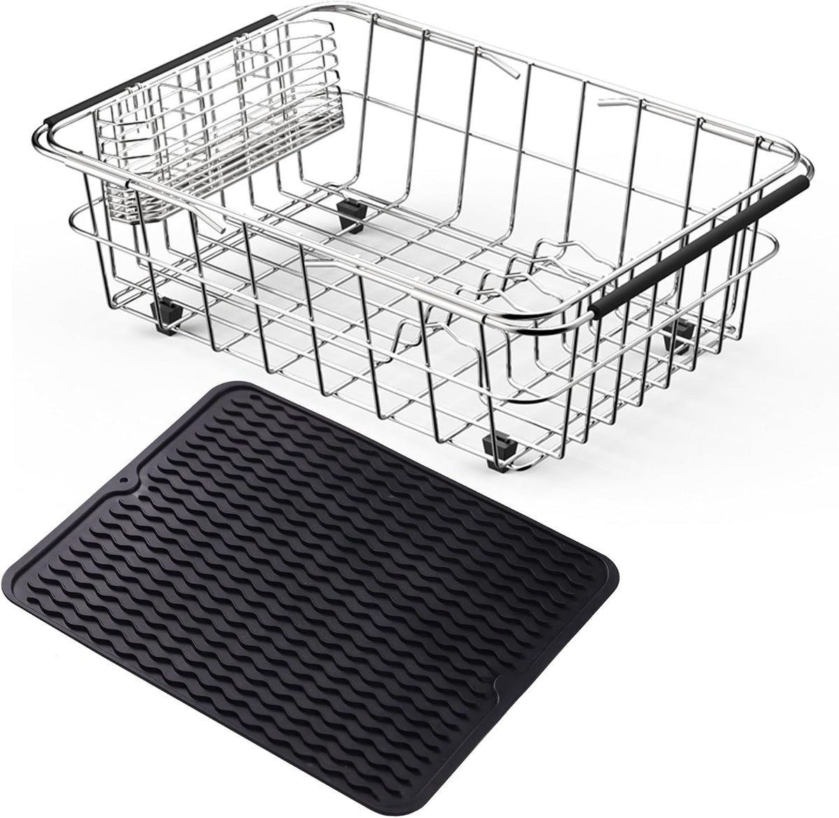 Stainless Steel Dish Drying Rack(15" L X 12.6" W X 4.7" H), Expandable Fruit & Vegetable Drain Rack Over Sink, Dish Drainer Rack in Sink, with Utensil Holder & Silicone Mat(16")