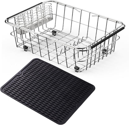 Stainless Steel Dish Drying Rack(15" L X 12.6" W X 4.7" H), Expandable Fruit & Vegetable Drain Rack Over Sink, Dish Drainer Rack in Sink, with Utensil Holder & Silicone Mat(16")