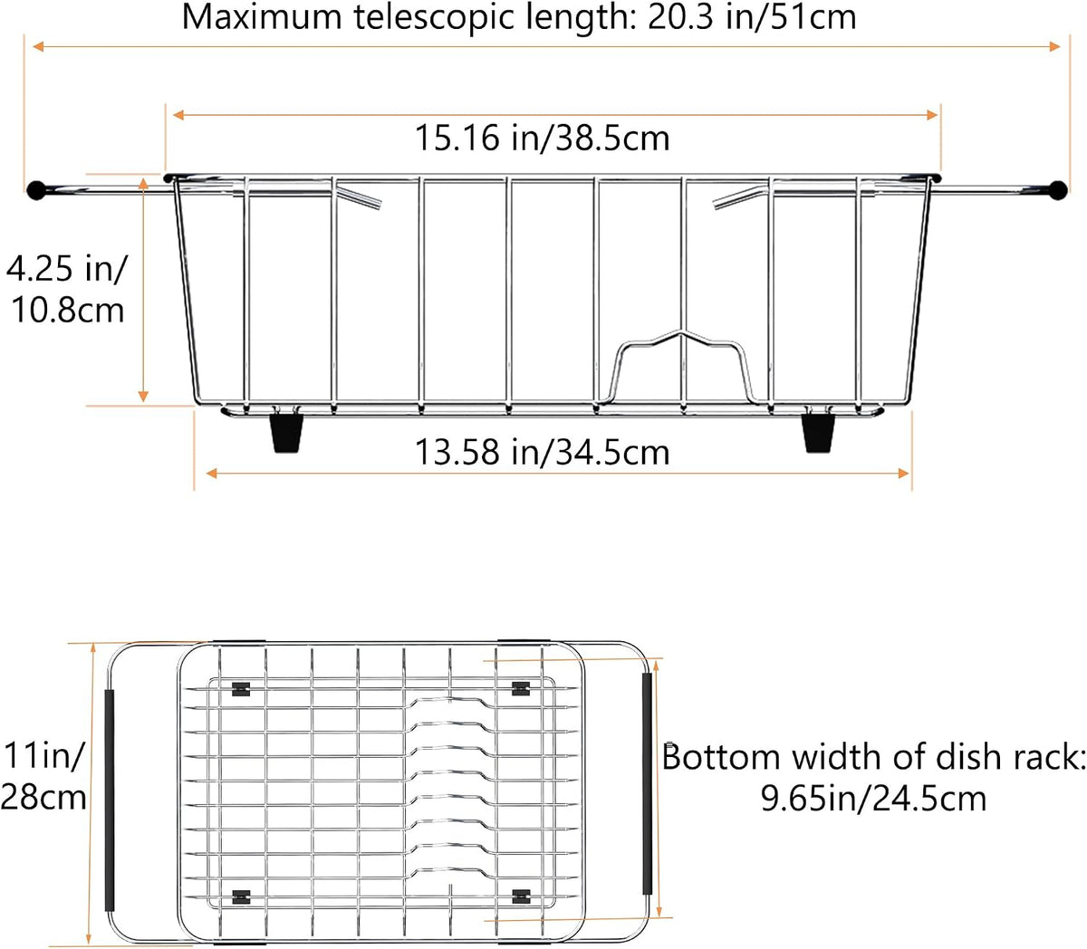 Stainless Steel Dish Drying Rack(15" L X 12.6" W X 4.7" H), Expandable Fruit & Vegetable Drain Rack Over Sink, Dish Drainer Rack in Sink, with Utensil Holder & Silicone Mat(16")