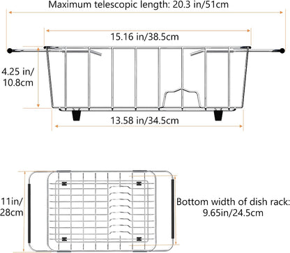 Stainless Steel Dish Drying Rack(15" L X 12.6" W X 4.7" H), Expandable Fruit & Vegetable Drain Rack Over Sink, Dish Drainer Rack in Sink, with Utensil Holder & Silicone Mat(16")