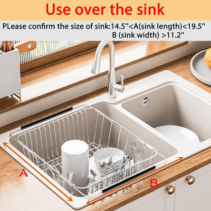 Stainless Steel Dish Drying Rack(15" L X 12.6" W X 4.7" H), Expandable Fruit & Vegetable Drain Rack Over Sink, Dish Drainer Rack in Sink, with Utensil Holder & Silicone Mat(16")