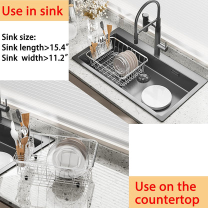 Stainless Steel Dish Drying Rack(15" L X 12.6" W X 4.7" H), Expandable Fruit & Vegetable Drain Rack Over Sink, Dish Drainer Rack in Sink, with Utensil Holder & Silicone Mat(16")