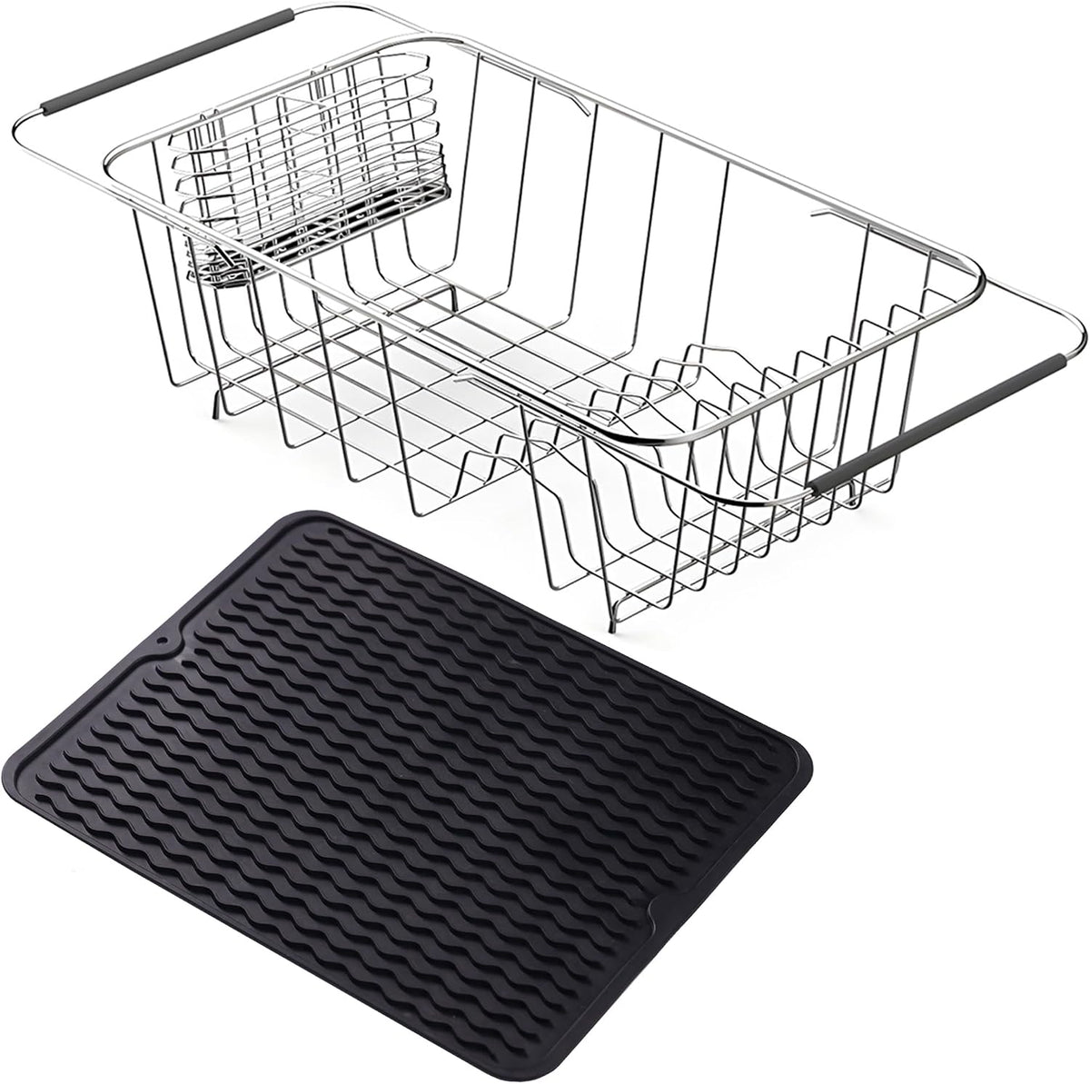Stainless Steel Dish Drying Rack(15" L X 12.6" W X 4.7" H), Expandable Fruit & Vegetable Drain Rack Over Sink, Dish Drainer Rack in Sink, with Utensil Holder & Silicone Mat(16")