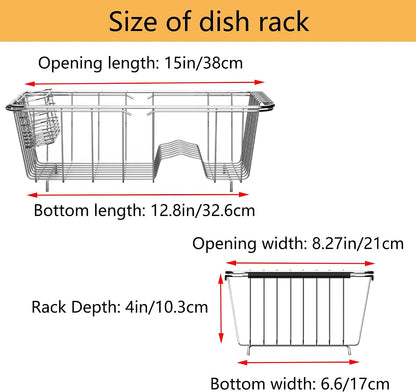 Stainless Steel Dish Drying Rack(15" L X 12.6" W X 4.7" H), Expandable Fruit & Vegetable Drain Rack Over Sink, Dish Drainer Rack in Sink, with Utensil Holder & Silicone Mat(16")