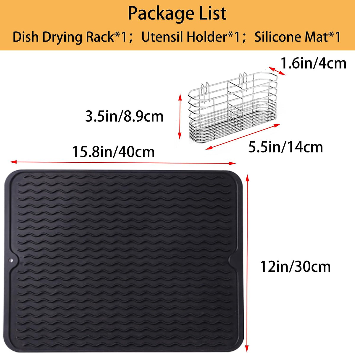 Stainless Steel Dish Drying Rack(15" L X 12.6" W X 4.7" H), Expandable Fruit & Vegetable Drain Rack Over Sink, Dish Drainer Rack in Sink, with Utensil Holder & Silicone Mat(16")