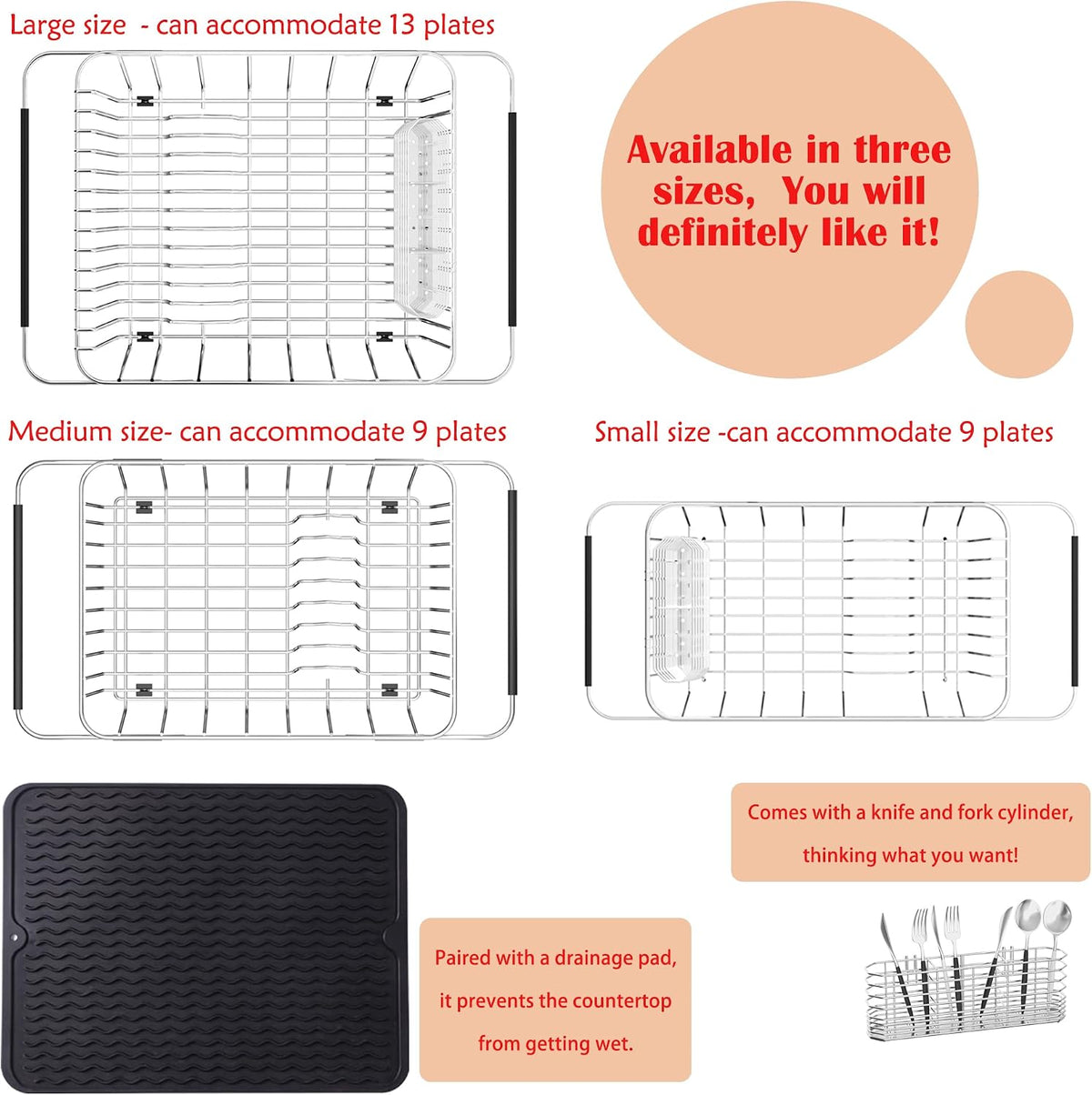 Stainless Steel Dish Drying Rack(15" L X 12.6" W X 4.7" H), Expandable Fruit & Vegetable Drain Rack Over Sink, Dish Drainer Rack in Sink, with Utensil Holder & Silicone Mat(16")