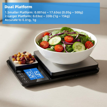 0.001oz/33lb Dual Platform Kitchen Scale, 9.4in Digital Food Scale | Stainless Steel, with Two Precisions, Accumulation Functions, 7 Units, Tare, for Baking, Cooking, Pre-Meal Preparation