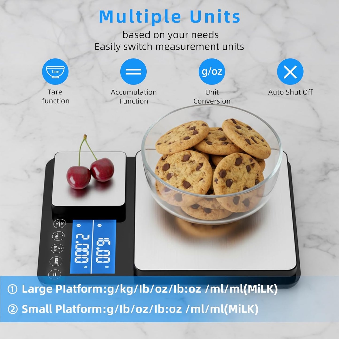 0.001oz/33lb Dual Platform Kitchen Scale, 9.4in Digital Food Scale | Stainless Steel, with Two Precisions, Accumulation Functions, 7 Units, Tare, for Baking, Cooking, Pre-Meal Preparation