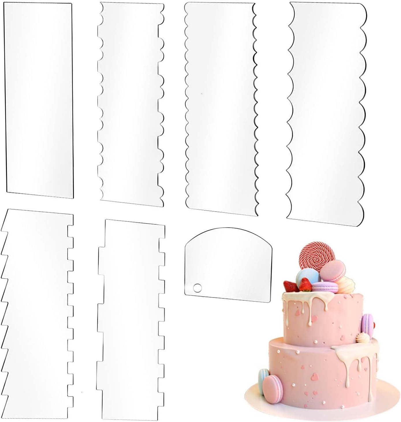 7 Pcs Acrylic Cake Scraper 9.5 Inch Large Icing Cream Frosting Smoother Comb Double Sided Patterned Edge Stripe for Cake Decorating Mousse Butter Baking Projects