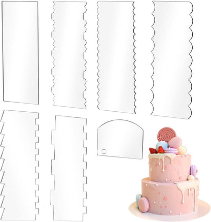 7 Pcs Acrylic Cake Scraper 9.5 Inch Large Icing Cream Frosting Smoother Comb Double Sided Patterned Edge Stripe for Cake Decorating Mousse Butter Baking Projects