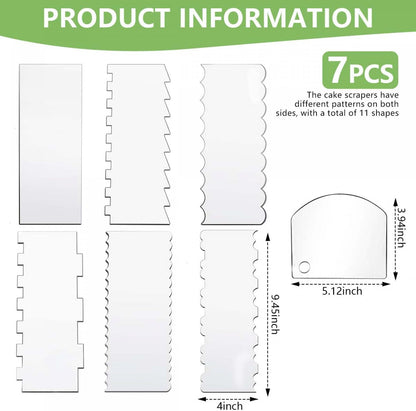 7 Pcs Acrylic Cake Scraper 9.5 Inch Large Icing Cream Frosting Smoother Comb Double Sided Patterned Edge Stripe for Cake Decorating Mousse Butter Baking Projects