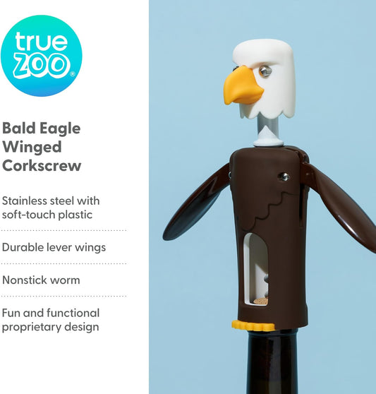 Bald Eagle Corkscrew Wine Opener, Winged Design with Easy Grip Soft Touch Wings, Stainless Steel and Plastic with Sharp Screw for Wine Bottles, Home Bar, Kitchen, Novelty Gifts