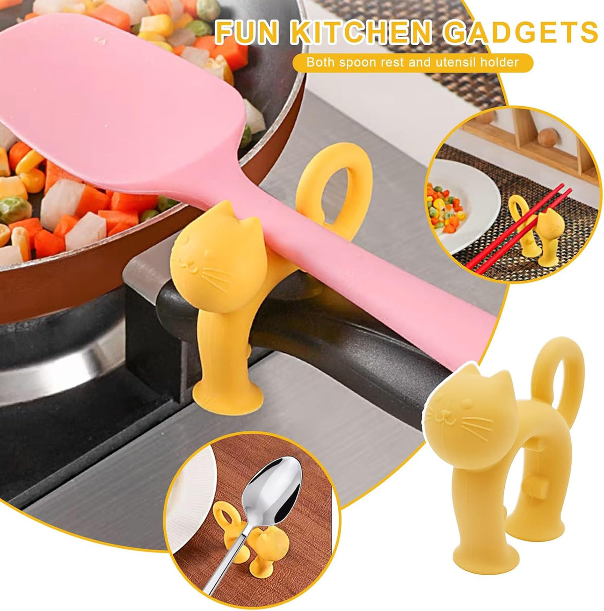 Non-Slip Silicone Spoon Rest - 3 Pcs Cat Shaped Spatula Rack for Pot, Anti-Scalding Adjustable Cute Kitten Utensil Holder, Boil Over Spill Stopper, Funny Kitchen Cooking Gadget