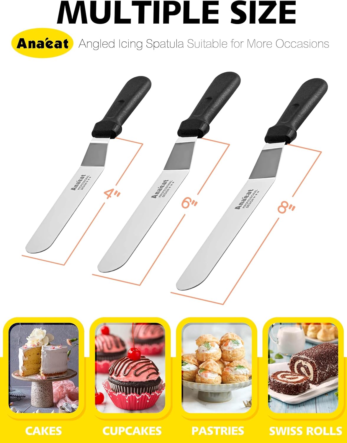 Icing Spatulas, Set of 3 Professional Cake Angled Offset Spatula with 6", 8", 10" Stainless Steel Blades - Thickened Frosting Knife with Plastic Handle for Cake Decorating, Pastry & Baking