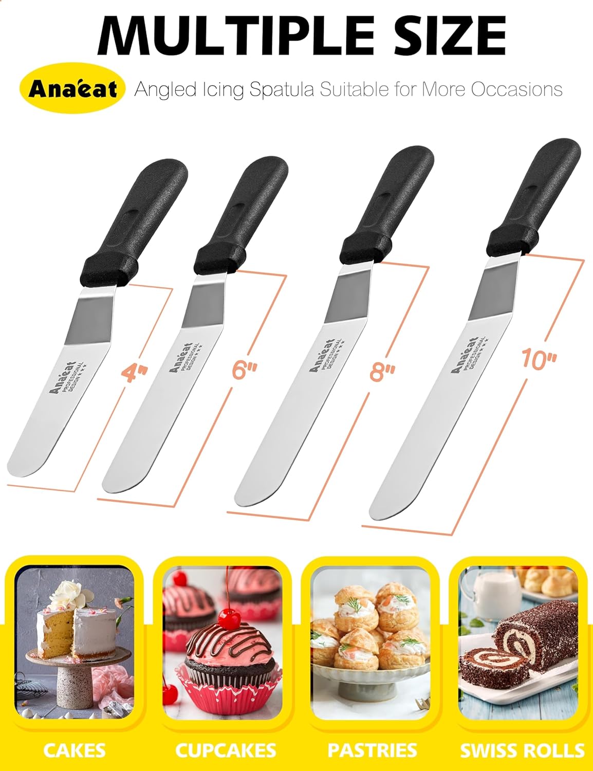 Icing Spatulas, Set of 3 Professional Cake Angled Offset Spatula with 6", 8", 10" Stainless Steel Blades - Thickened Frosting Knife with Plastic Handle for Cake Decorating, Pastry & Baking
