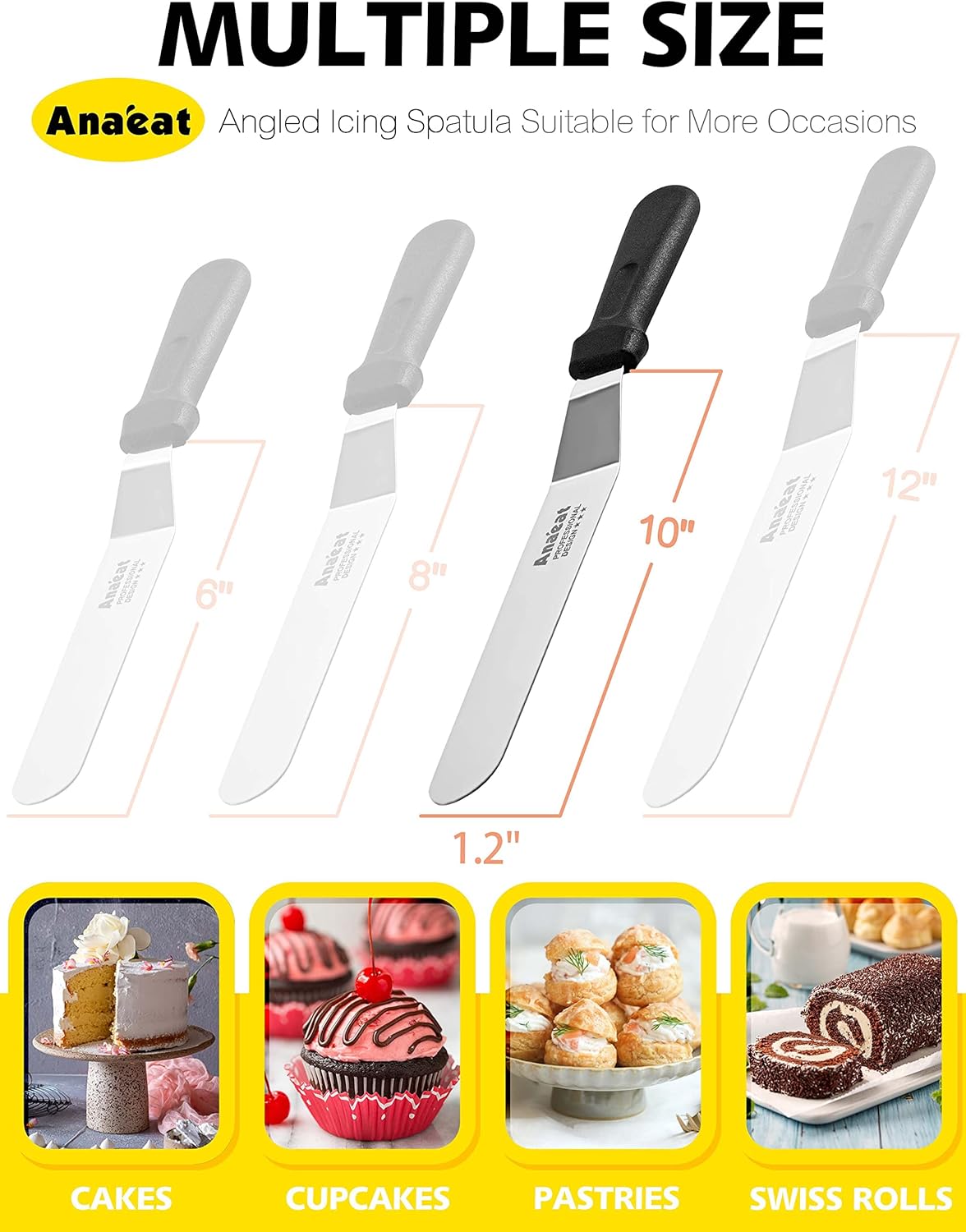 Icing Spatulas, Set of 3 Professional Cake Angled Offset Spatula with 6", 8", 10" Stainless Steel Blades - Thickened Frosting Knife with Plastic Handle for Cake Decorating, Pastry & Baking