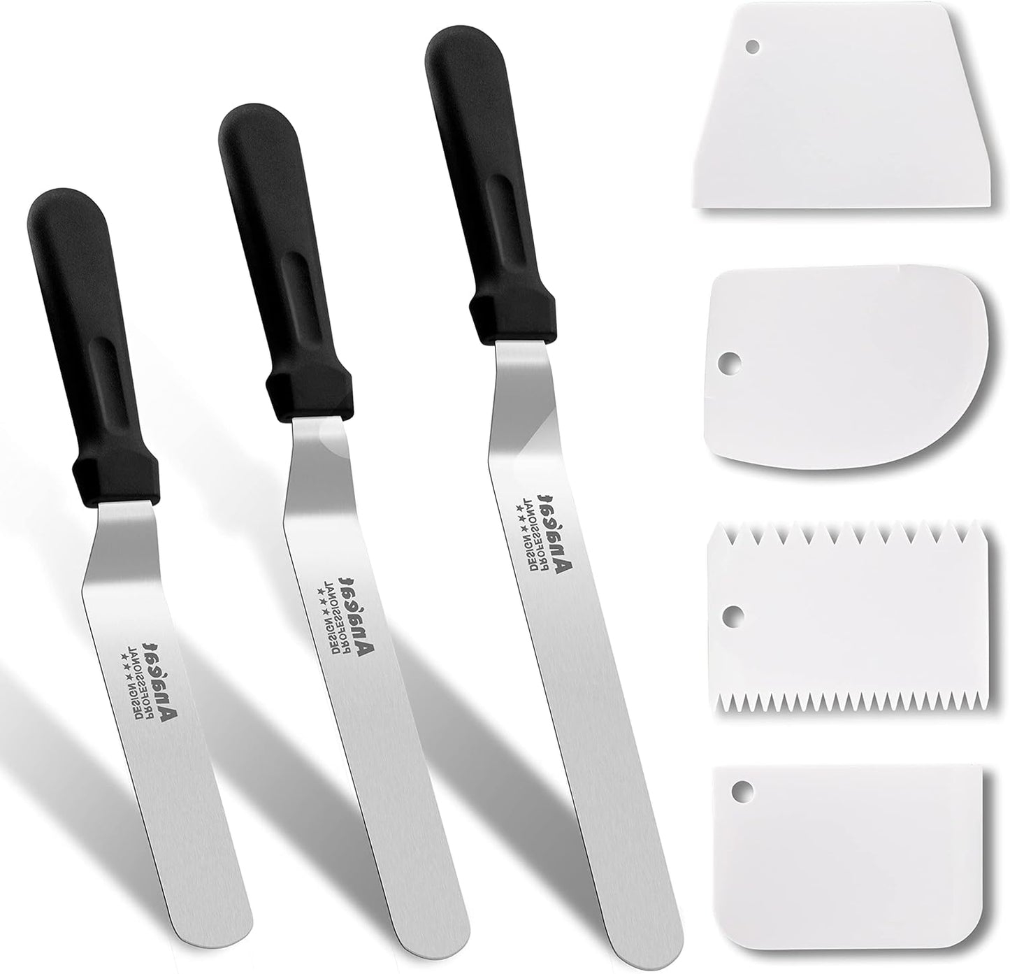Icing Spatulas, Set of 3 Professional Cake Angled Offset Spatula with 6", 8", 10" Stainless Steel Blades - Thickened Frosting Knife with Plastic Handle for Cake Decorating, Pastry & Baking