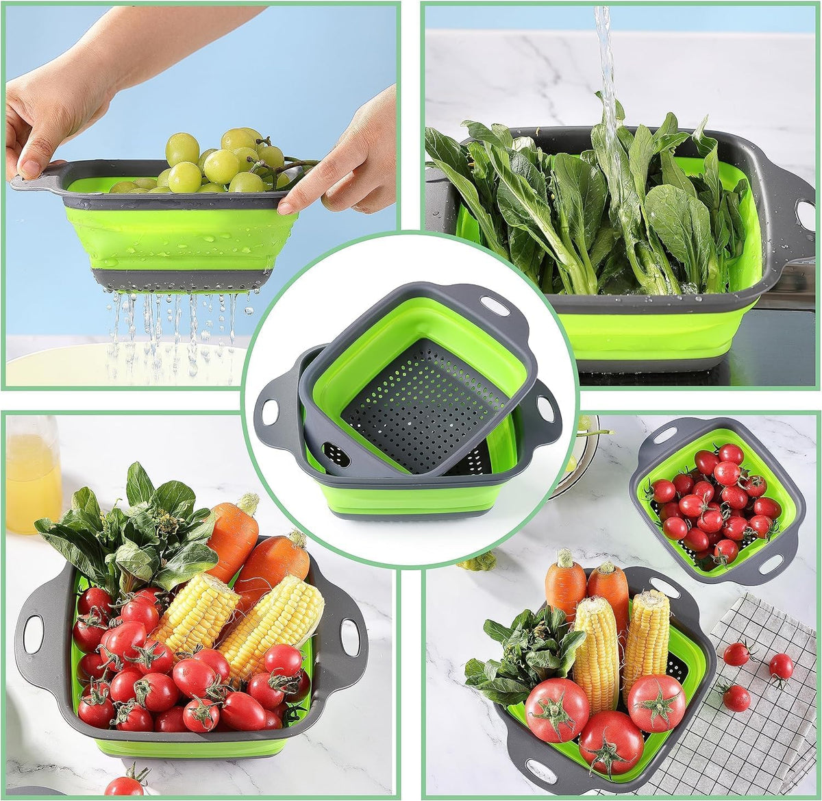 Silicone Collapsible Colander Set – Foldable Over-The-Sink Kitchen Strainer for Pasta, Vegetables, Fruits – Space-Saving Design (3-Piece),Foldable Kitchen Strainer,Collapsible Colander