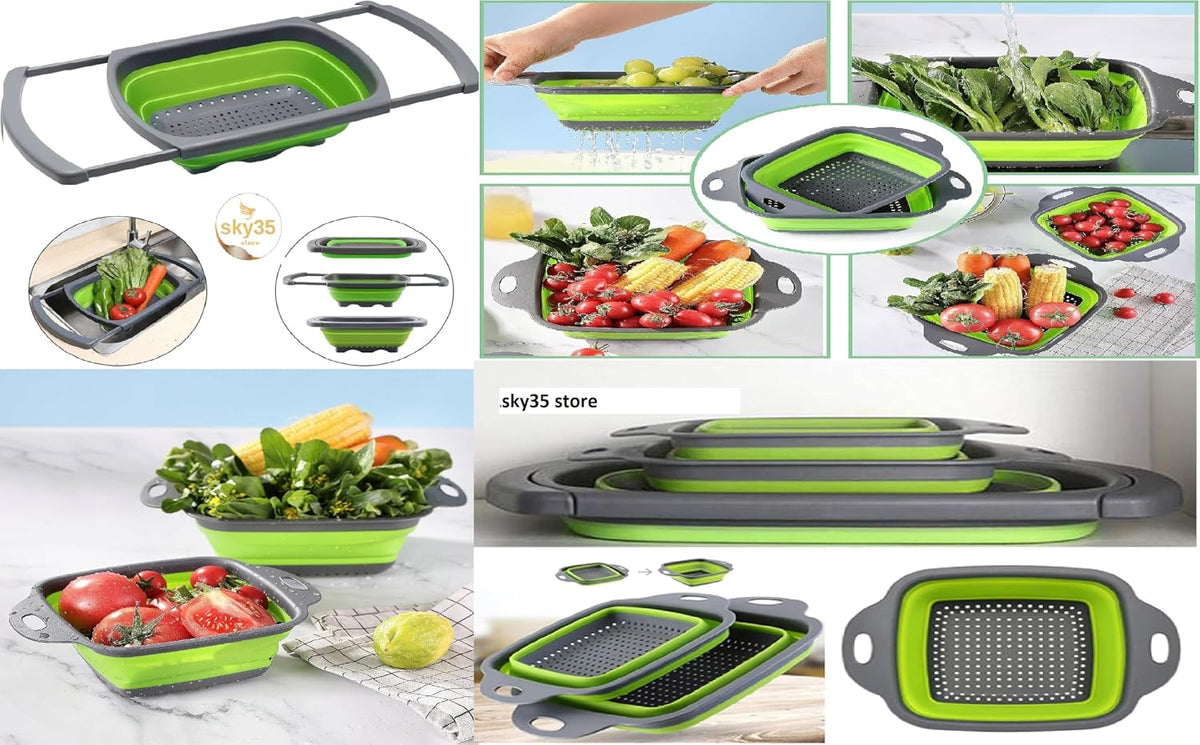 Silicone Collapsible Colander Set – Foldable Over-The-Sink Kitchen Strainer for Pasta, Vegetables, Fruits – Space-Saving Design (3-Piece),Foldable Kitchen Strainer,Collapsible Colander