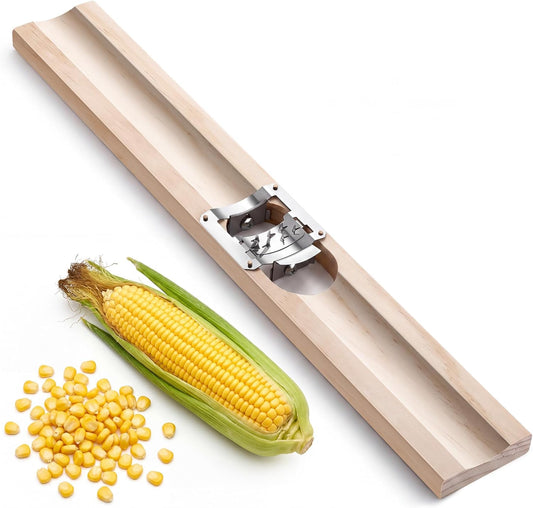 Wood Corn Cutter and Creamer, 16 Inch Adjustable Stainless Steel Corn Cob Tool, Easy to Use for Home Kitchen & BBQ