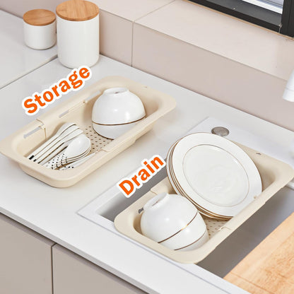 Collapsible Over the Sink Colander Strainer Basket, Plastic Fruit Vegetable Strainer Drainer Basket for Kitchen (1, Cream White)