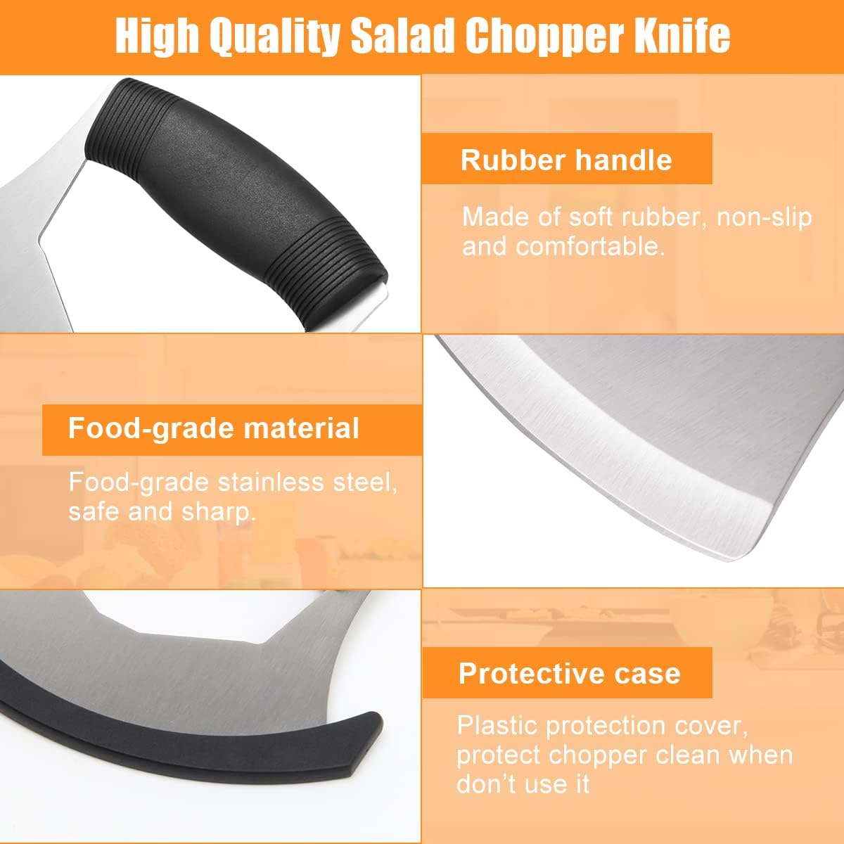 Luxiv Mezzaluna Knife Salad Chopper, Stainless Steel Mezzaluna with Protection Cover, Vegetable Mincing Knife for Pizza, Cheese, Onion, Carrot, Pepper, Garlic (Black)