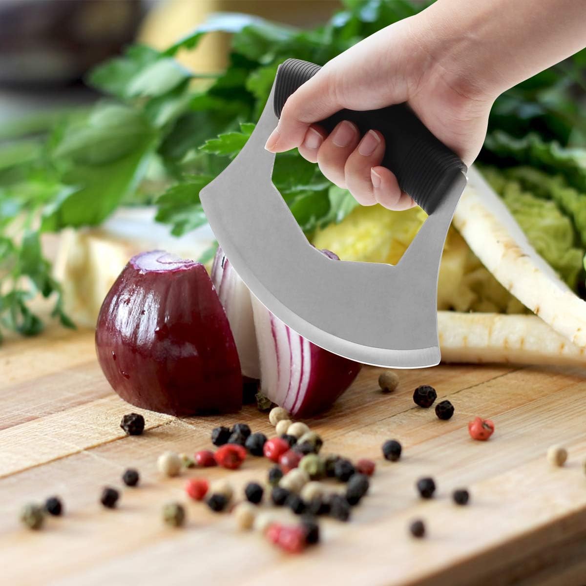 Luxiv Mezzaluna Knife Salad Chopper, Stainless Steel Mezzaluna with Protection Cover, Vegetable Mincing Knife for Pizza, Cheese, Onion, Carrot, Pepper, Garlic (Black)