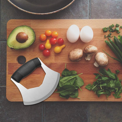 Luxiv Mezzaluna Knife Salad Chopper, Stainless Steel Mezzaluna with Protection Cover, Vegetable Mincing Knife for Pizza, Cheese, Onion, Carrot, Pepper, Garlic (Black)