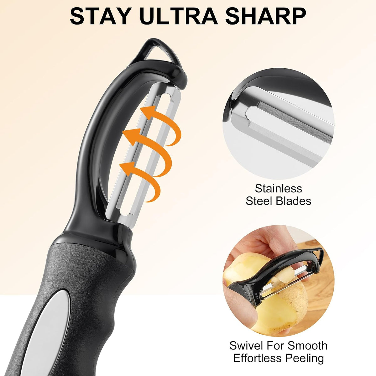 Premium Swivel Vegetable Peeler, Soft Grip Handle and Ultra Sharp Stainless Steel Blades - Perfect Kitchen Peeler For Veggie, Fruit, Potato, Carrot, Apple - Black
