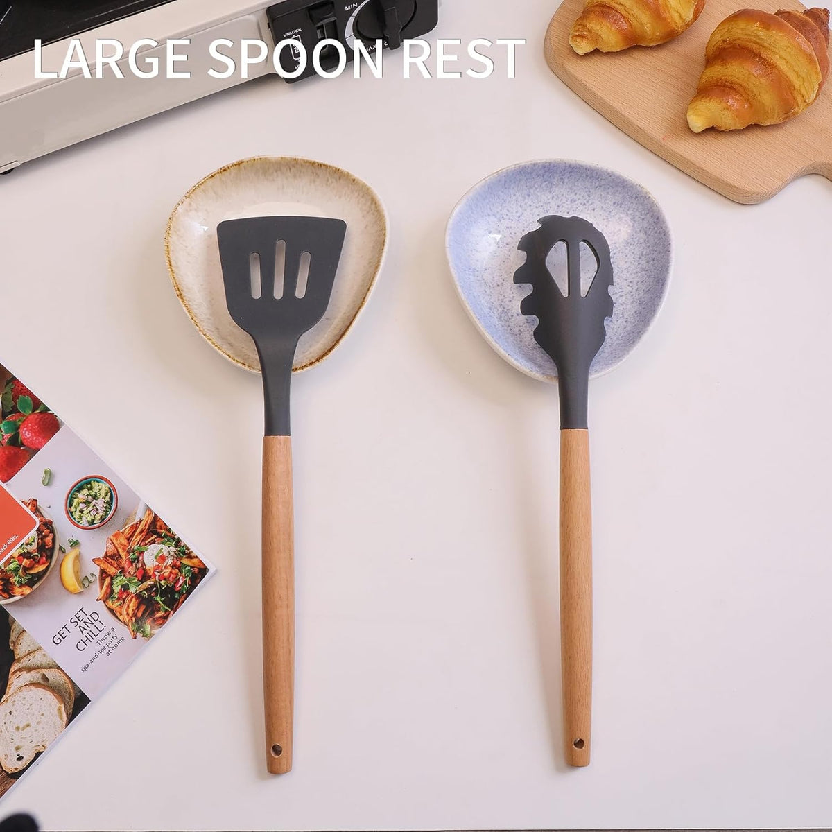 Farmhouse Ceramic Spoon Rests Holder,Coffee Spoon Holder,Cooking Utensil,Ladles, Tong for Kitchen Counter Stove Top (Caramel Brown)