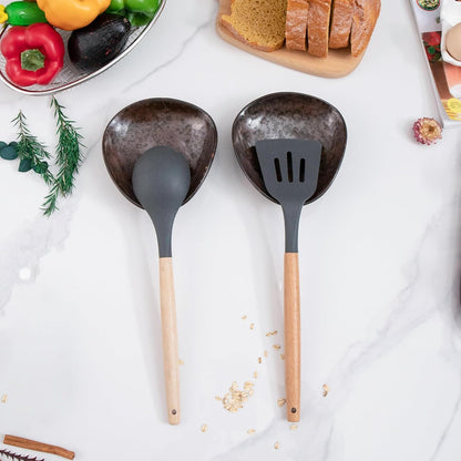 Farmhouse Ceramic Spoon Rests Holder,Coffee Spoon Holder,Cooking Utensil,Ladles, Tong for Kitchen Counter Stove Top (Caramel Brown)