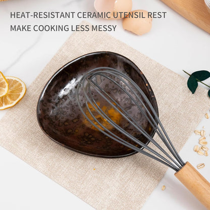 Farmhouse Ceramic Spoon Rests Holder,Coffee Spoon Holder,Cooking Utensil,Ladles, Tong for Kitchen Counter Stove Top (Caramel Brown)