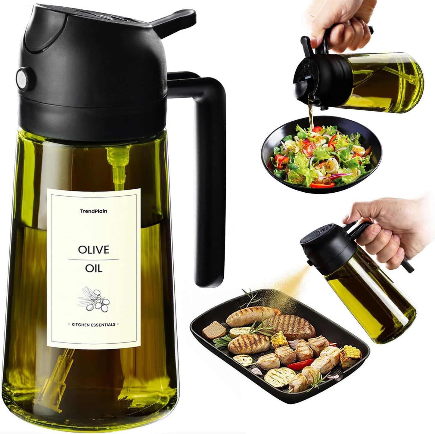 Original 16oz/470ml Olive Oil Dispenser Bottle for Kitchen Gadgets and Air Fryer Accessories - Olive Oil Sprayer for Cooking w/Stickers - Black