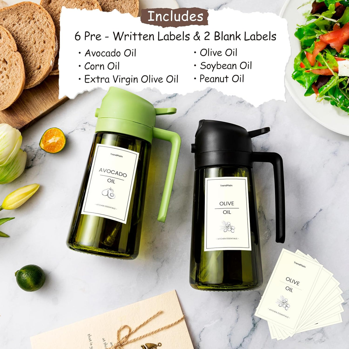 Original 16oz/470ml Olive Oil Dispenser Bottle for Kitchen Gadgets and Air Fryer Accessories - Olive Oil Sprayer for Cooking w/Stickers - Black