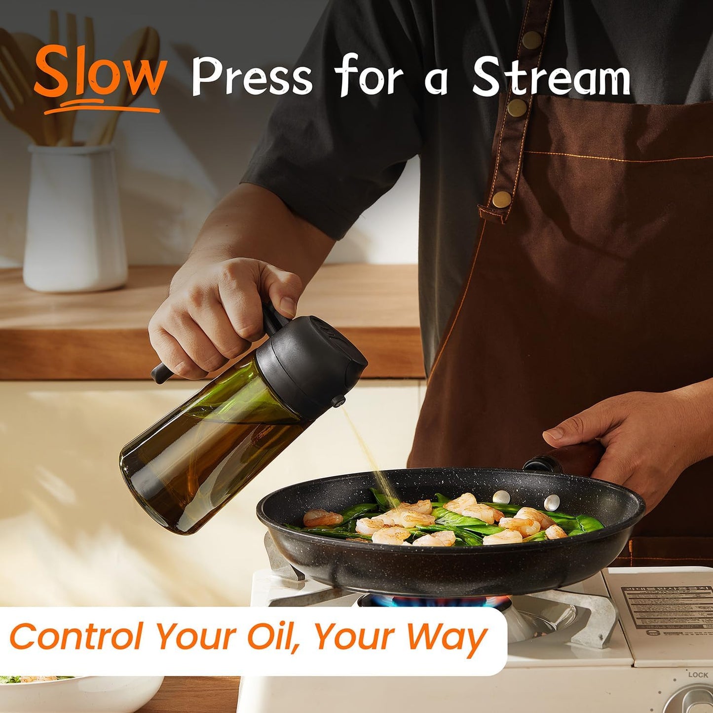 Original 16oz/470ml Olive Oil Dispenser Bottle for Kitchen Gadgets and Air Fryer Accessories - Olive Oil Sprayer for Cooking w/Stickers - Black