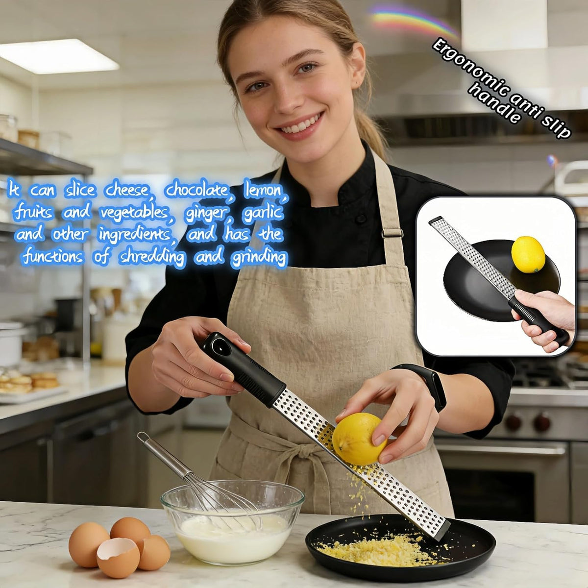 Stainless Steel Lemon Zester Grater with Handle, 12 Inch, Food Grade Kitchen Tool for Cheese, Garlic, Ginger, Chocolate, Citrus