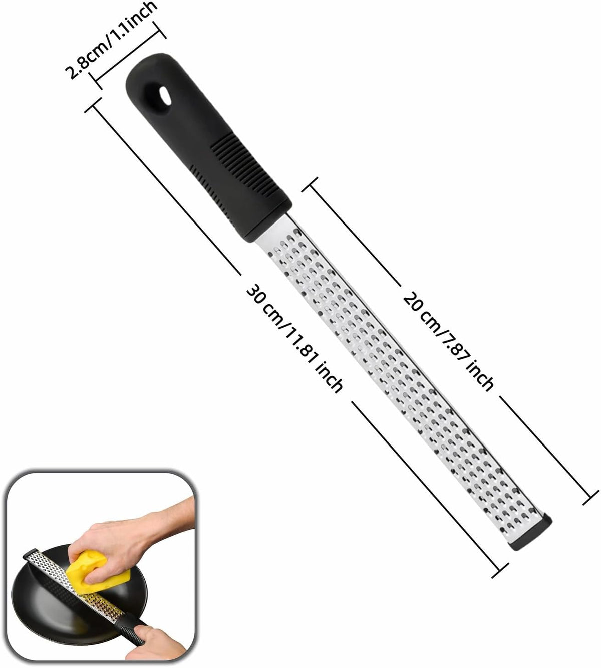 Stainless Steel Lemon Zester Grater with Handle, 12 Inch, Food Grade Kitchen Tool for Cheese, Garlic, Ginger, Chocolate, Citrus