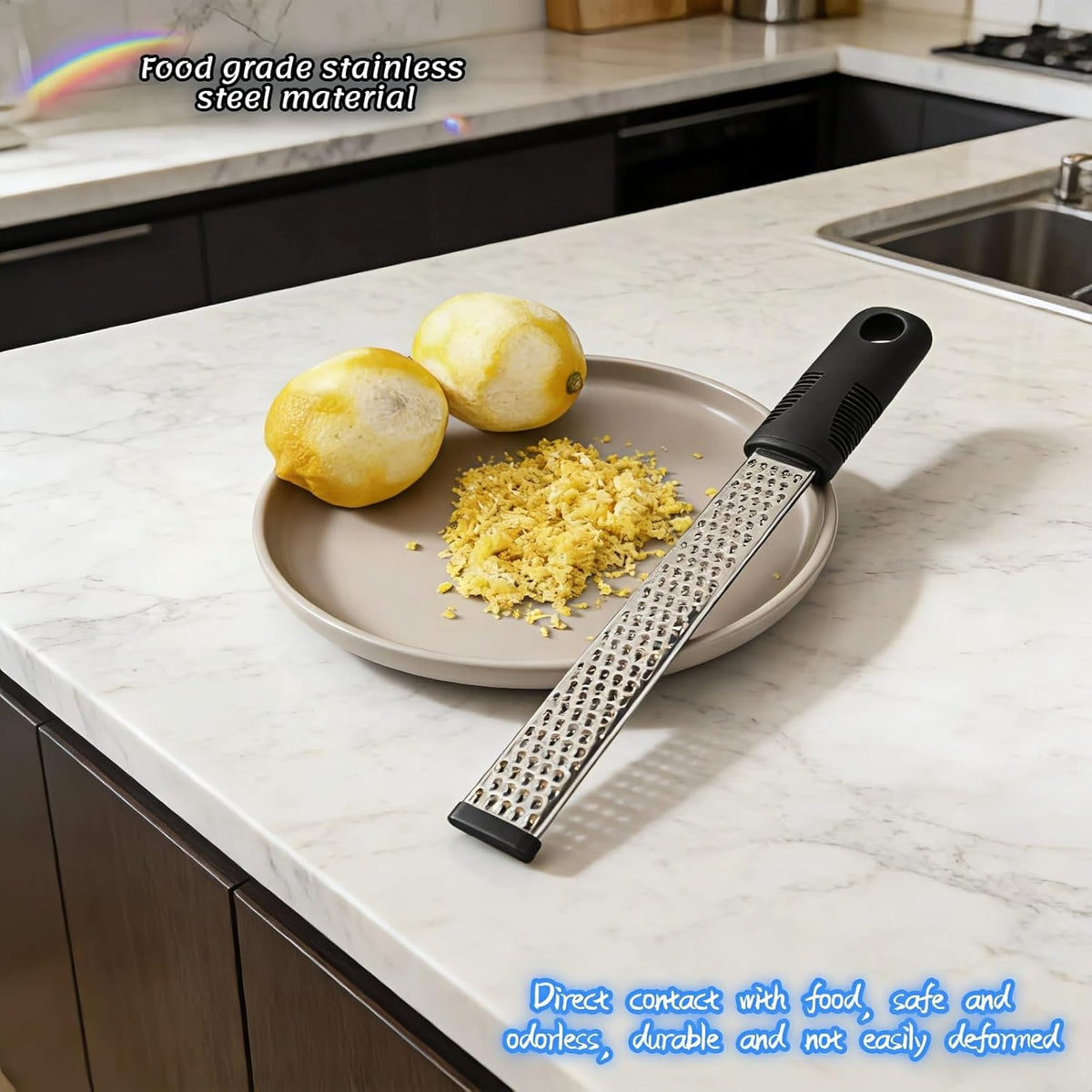 Stainless Steel Lemon Zester Grater with Handle, 12 Inch, Food Grade Kitchen Tool for Cheese, Garlic, Ginger, Chocolate, Citrus