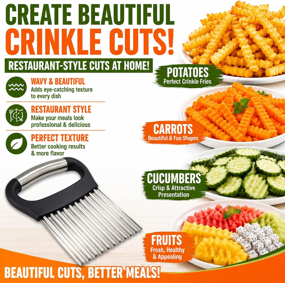 FANTEXY Large Crinkle Cutter for Veggies, Stainless Steel Wave Cutter
