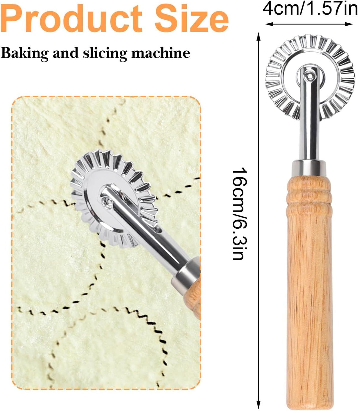 Pastry Wheel Cutter, Stainless Steel Ravioli Cutter, Fluted Pastry Wheel with Long Wooden Handle for Home Making Pasta Pizza Ravioli Cookie Tools