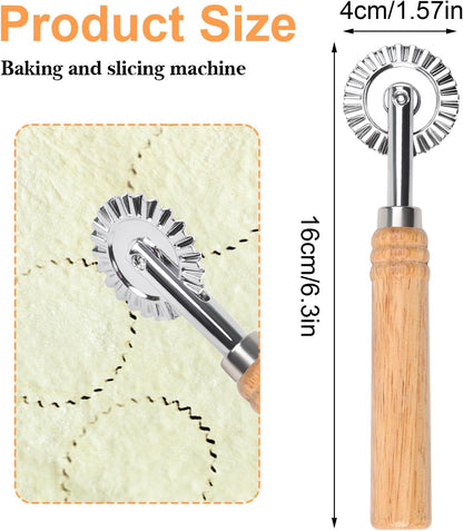 Pastry Wheel Cutter, Stainless Steel Ravioli Cutter, Fluted Pastry Wheel with Long Wooden Handle for Home Making Pasta Pizza Ravioli Cookie Tools