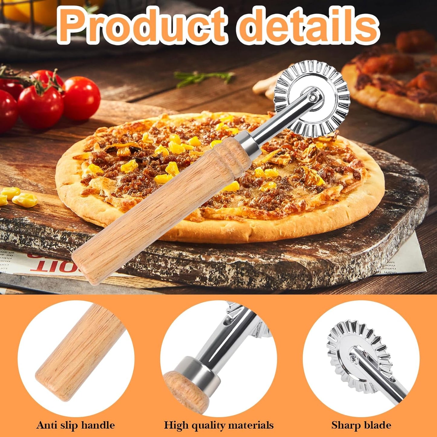 Pastry Wheel Cutter, Stainless Steel Ravioli Cutter, Fluted Pastry Wheel with Long Wooden Handle for Home Making Pasta Pizza Ravioli Cookie Tools