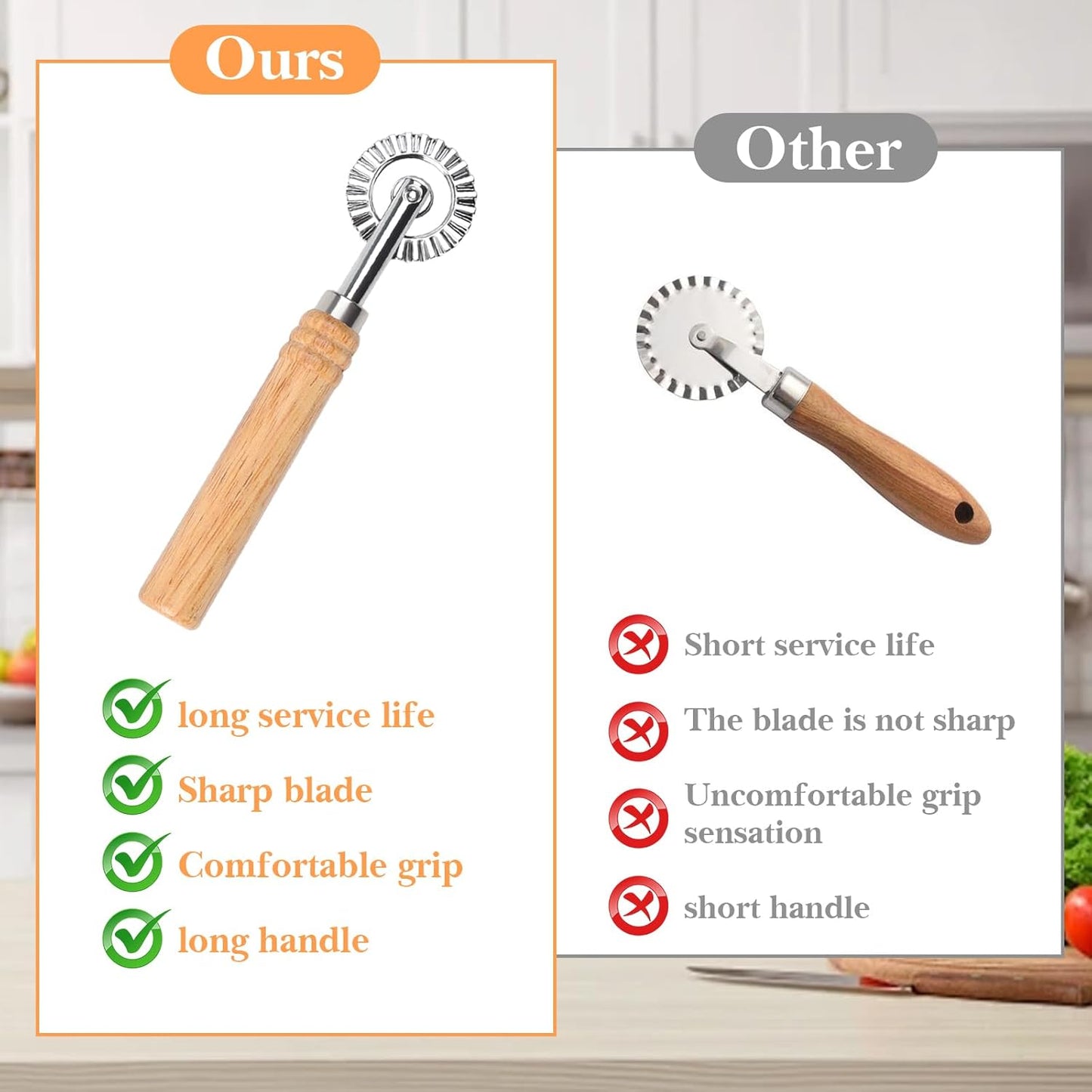 Pastry Wheel Cutter, Stainless Steel Ravioli Cutter, Fluted Pastry Wheel with Long Wooden Handle for Home Making Pasta Pizza Ravioli Cookie Tools