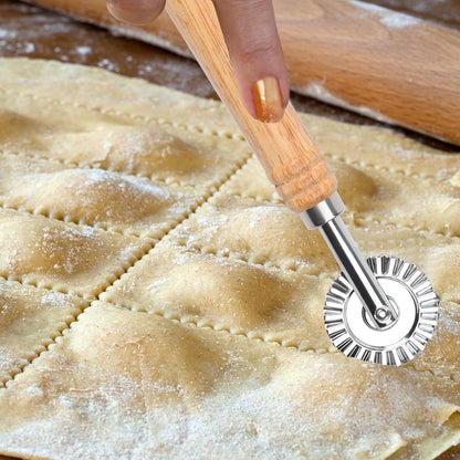Pastry Wheel Cutter, Stainless Steel Ravioli Cutter, Fluted Pastry Wheel with Long Wooden Handle for Home Making Pasta Pizza Ravioli Cookie Tools